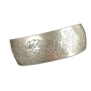 80s Leonard Pewter "Larkspur" Floral Etched  Cuff Bracelet Vintage 6 1/4"